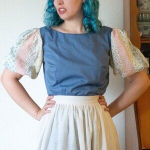 Blue 50s Reproduction Blouse with Quilted puff sleeves